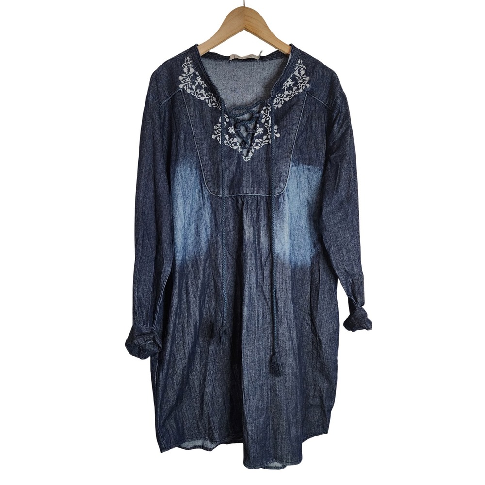 Judy Blue‎ Dress Women's 1XL Embroidered Long Sleeve Denim Blue